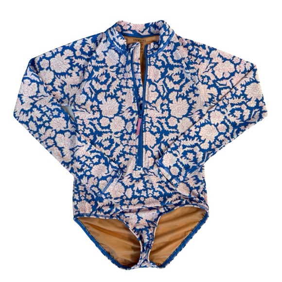 SZ Blockprints x Crewcuts Girls‎ 10 Rash Guard One-Piece Swimsuit Floral Blue - Picture 2 of 4
